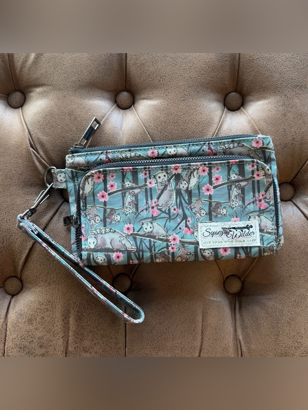 Sipsey Wilder Blue Floral and Possum Wristlet Wallet